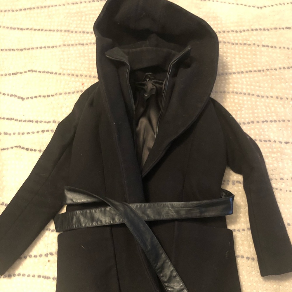 Mackage wool coat with hood and leather belt